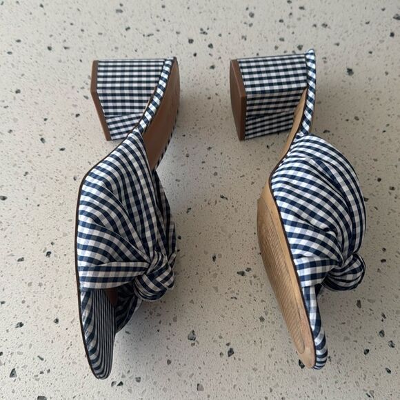 J. Crew Navy Gingham Knot Sandals Printed Mid Block Heel Women’s Size 10 EUC - Picture 12 of 14